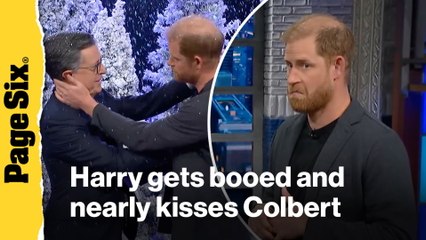 Prince Harry gets booed, nearly kisses Stephen Colbert in meme-worthy 'Late Show' skit