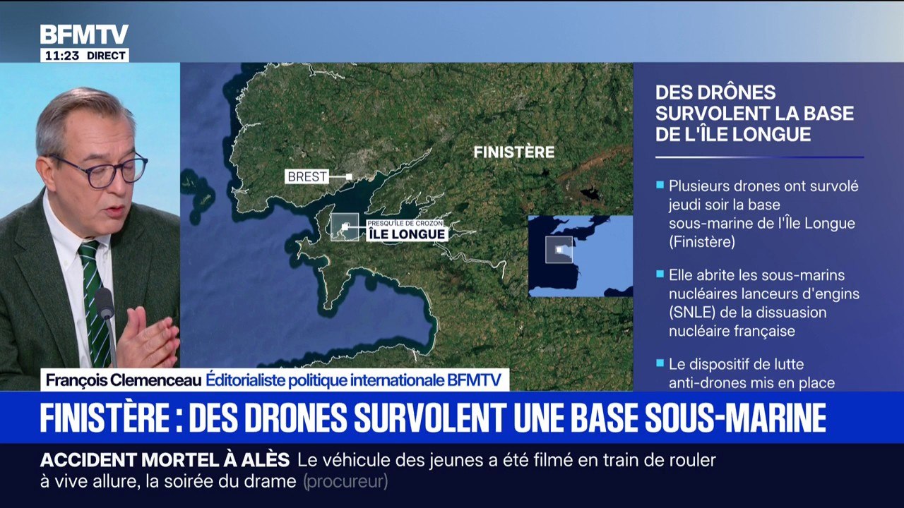 Finistère: la base sous-marine de l'Île Longue, qui abrite les sous-marins de la dissuasion nucléaire française, survolée par des drones