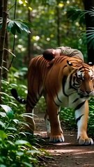 A tiger is carrying a human child on its back🤯