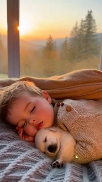 What a touching sight! A small child sleeping peacefully next to a puppy, creating an atmosphere of tenderness and warmth. 🐶💤❤️ #baby #puppy #ai