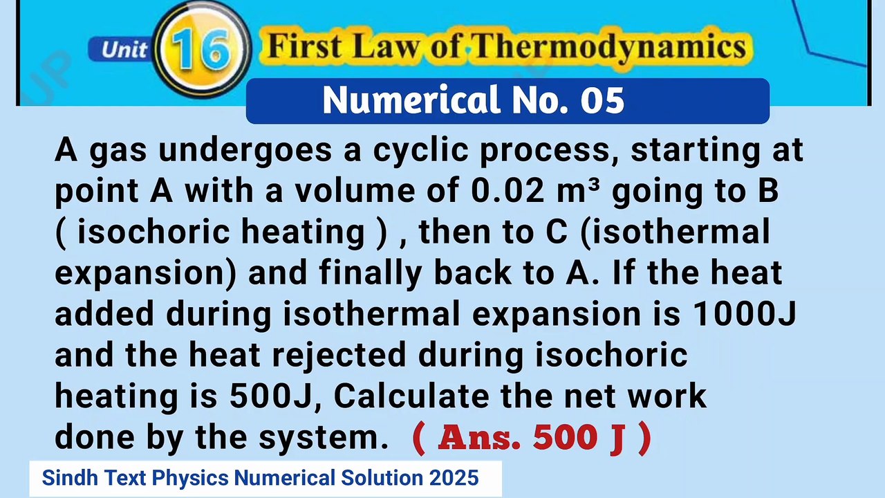 A gas undergoes a cyclic process, starting at point A with a volume of 0.02m³ going to B (isochoric heating),then to C (isothermal expansion) and finally back to A. If the heat added during isothermal expansion is 1000J and the heat rejected during isocho