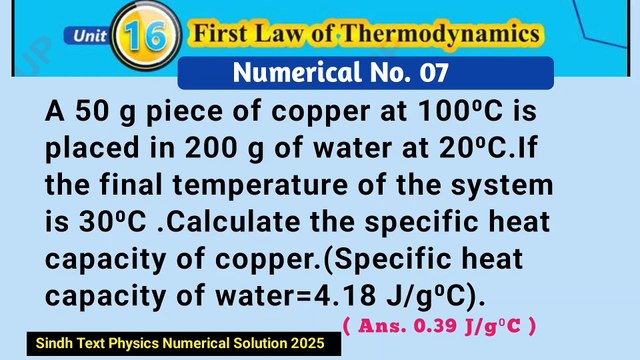 A 50 g piece of copper at 100 degrees centigrade is placed in 200 g of water at 20 degree celsius.If the final temperature of the system is 30 degree centigrade.Calculate the specific heat capacity of copper.(Specific heat capacity of water=4.18 J/g⁰C) Ph