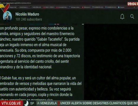Pdte. Maduro lamenta partida física del maestro Enemecio Sánchez, conocido como el “Gabán Tacateño”