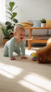 The baby is happily playing with the little puppy! 🐶❤️ Unforgettable moments filled with laughter and fun! ✨ #baby #puppy #ai