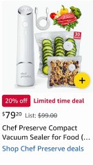 New .Chef Preserve Compact Vacuum Sealer for Food (Vacuum Sealer Machine + 30 Reusable Vacuum Bags) Powerful