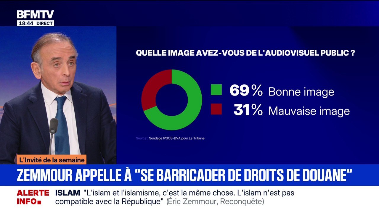 Pour Éric Zemmour, président du parti Reconquête!, le service public "est une machine de propagande" et appelle à sa "privatisation"