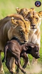 3 Lions Attack Buffalo — But Brave Mothers Save th