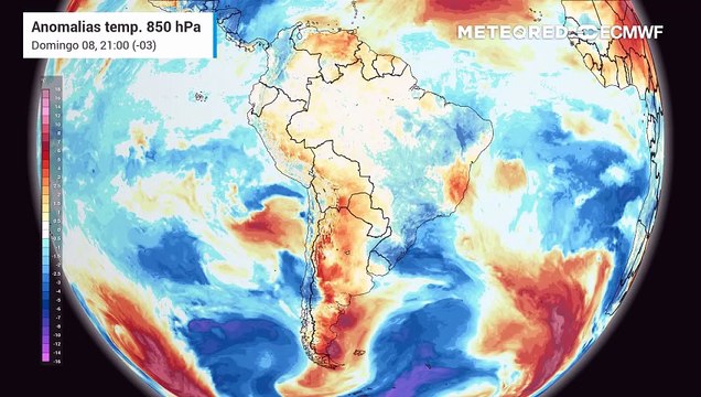 Domingo, 8 de fevereiro: anomalia em 850 hPa (massas de ar)