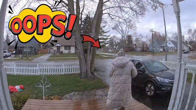 'That HURT!' - Doorbell camera records the hilarious moment of a woman falling on a slippery deck