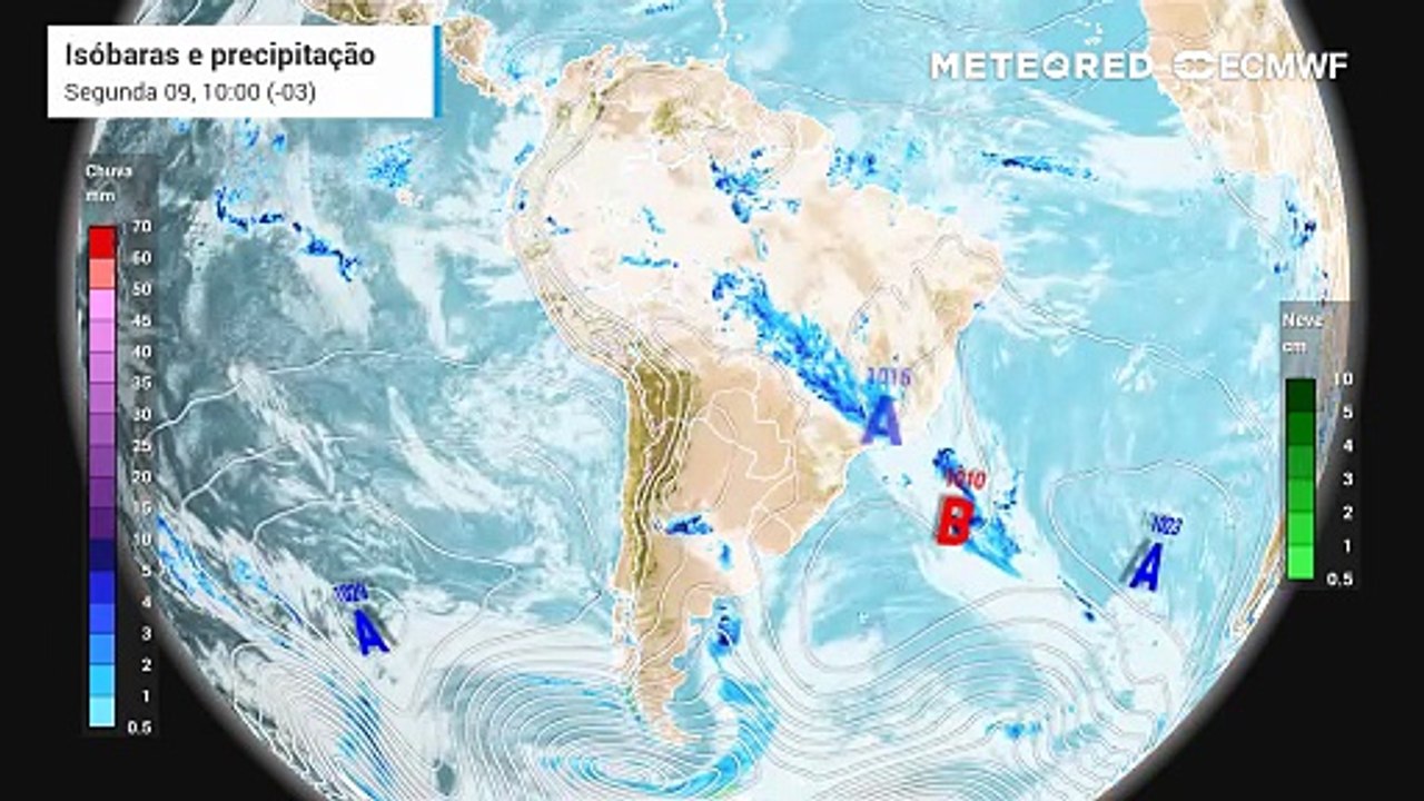Segunda-feira, 9 de fevereiro: Previsão de chuva, nebulosidade e pressão a nível médio do mar.