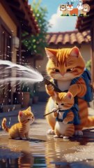 Chubby Cat Gives Muddy Kitten a Hilarious Bath!