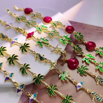 🔗Click & Buy: s.click.aliexpress.com/e/_c42jt7gD Top On Sale Product Recommendations! HECHENG, Green Enamel Drip Glaze Retro Bracelet with Palm Tree and Coconut Tree Pattern Pendant Chain Sweet and Cute Accessory