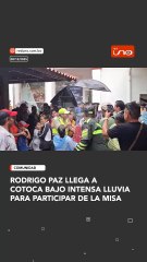 Rodrigo Paz llega a Cotoca bajo intensa lluvia para participar de la misa