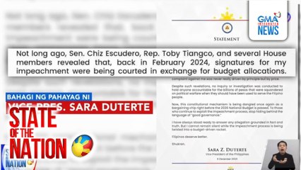 VP Duterte: Alokasyon sa 2026 budget, inalok sa mga kongresista kapalit ng lagda para mapa-impeach siya | SONA