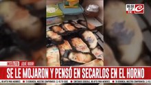 Plata quemada: se le mojaron los billetes... ¡y los puso a secar en el horno!