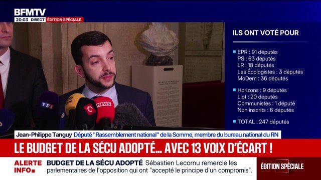 Budget de la Sécu adopté: C'est l'agonie du macronisme , déclare Jean-Philippe Tanguy, député (RN)