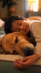 In a moment filled with tenderness, the little boy falls asleep next to his faithful dog, a sight that melts hearts and shows the depth of their friendship. 🐶❤️ #dog #baby #puppy #ai