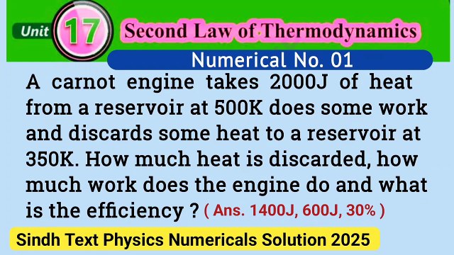 A carnot engine takes 2000J of heat from a reservoir at 500K does some work and discards some heat to a reservoir at 350K.How much heat is discarded,how much work does the engine do and what is the efficiency ? Physics class 12 numericals