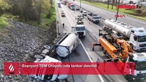 TEM’de korku dolu anlar! Hammadde yüklü tanker su kanalına uçtu, trafik kilitlendi