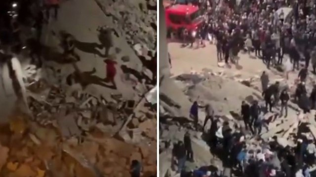 Squadre di soccorso e civili intorno alle macerie dei due edifici crollati a Fez, in Marocco: il video
