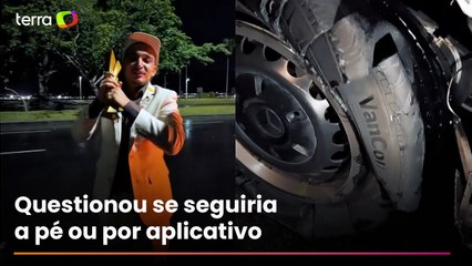 João Gomes mostra prêmio no Aterro do Flamengo após pneu furar na saída do Multishow