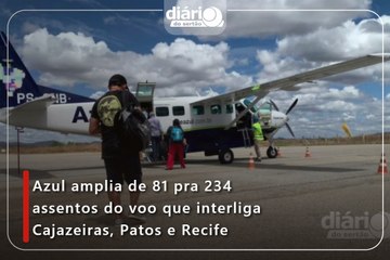 Azul amplia de 81 pra 234 assentos do voo que interliga Cajazeiras, Patos e Recife