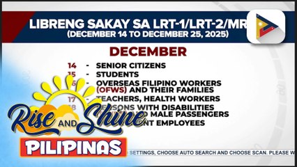 Iba’t ibang sektor, makikinabang sa libreng sakay ng LRT-1, LRT-2 at MRT-3 simula Dec. 14 hanggang Dec. 25; Dalian trains, ide-deploy na rin sa Pasko | ulat ni Bernard Ferer