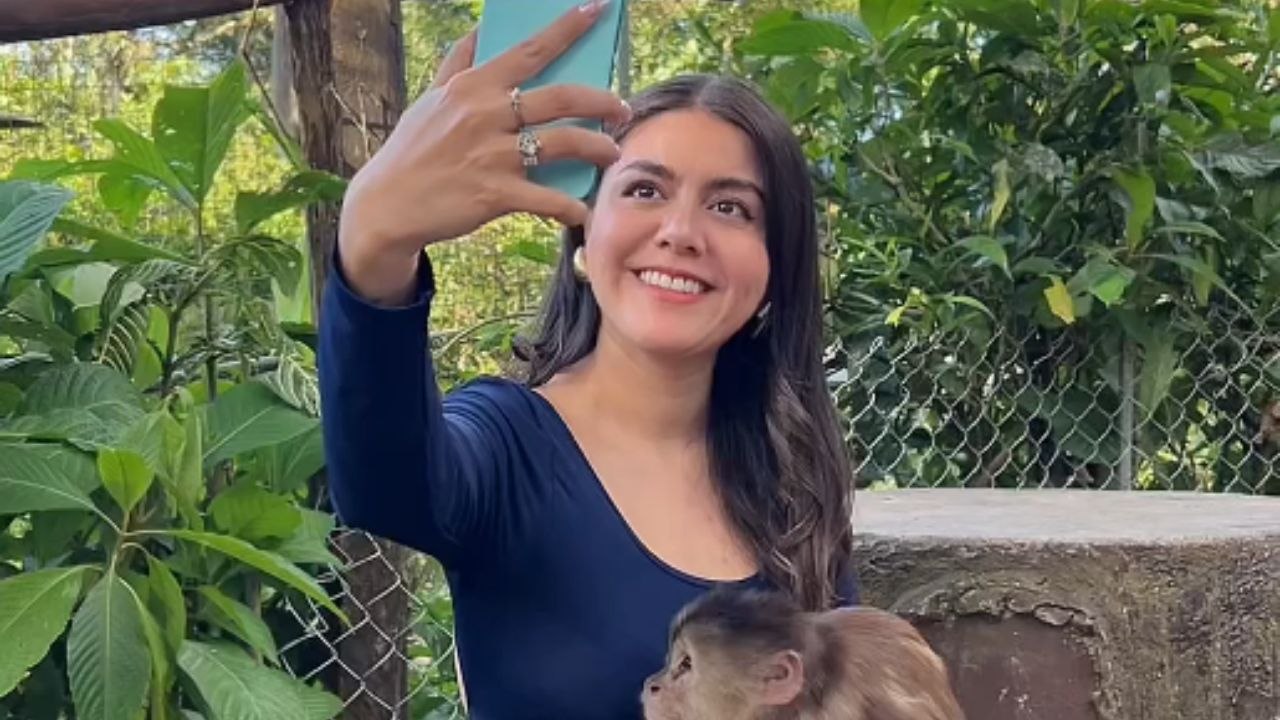 Tourist gets an unexpected surprise from a cheeky monkey while posing for a selfie