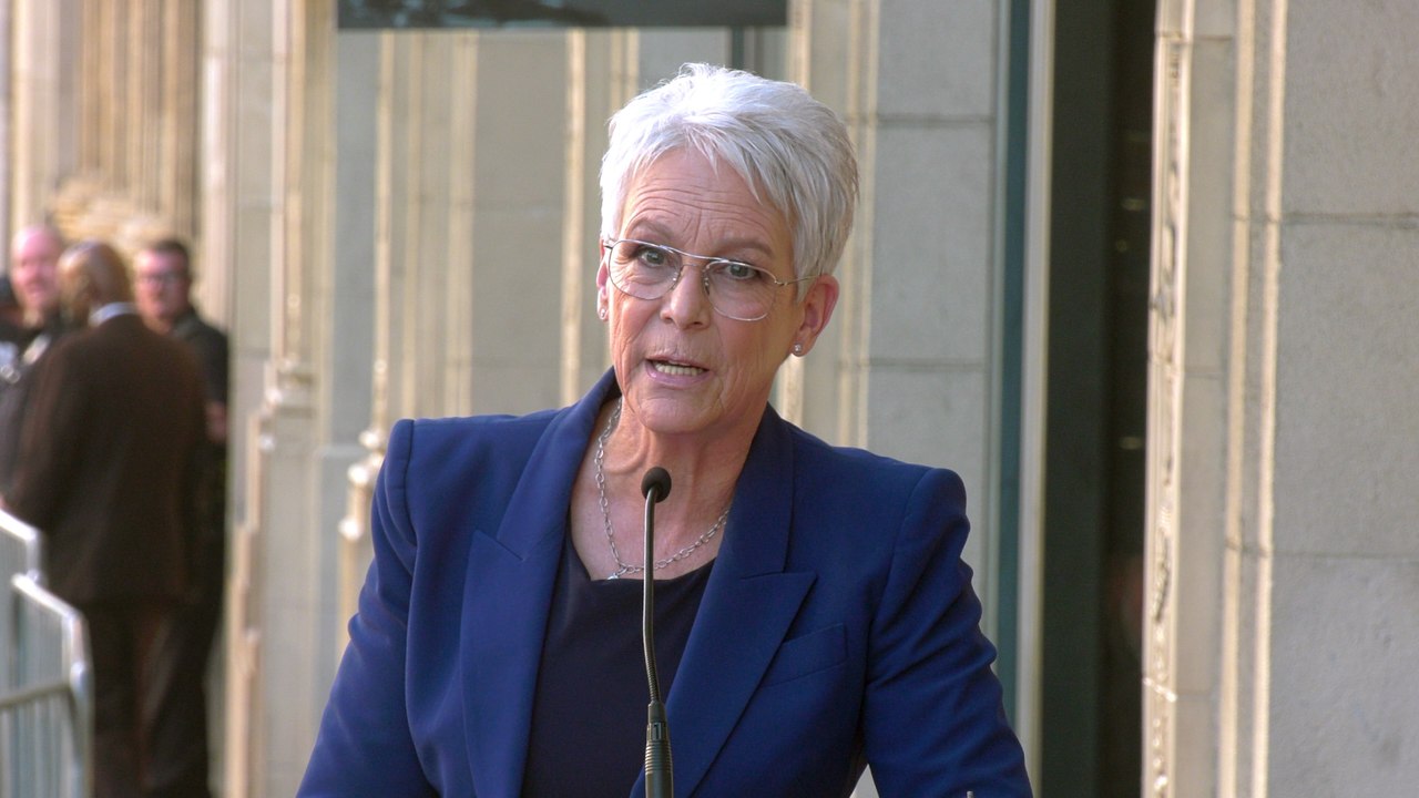 Jamie Lee Curtis gives a speech at James L. Brooks' Hollywood Walk of Fame star unveiling ceremony