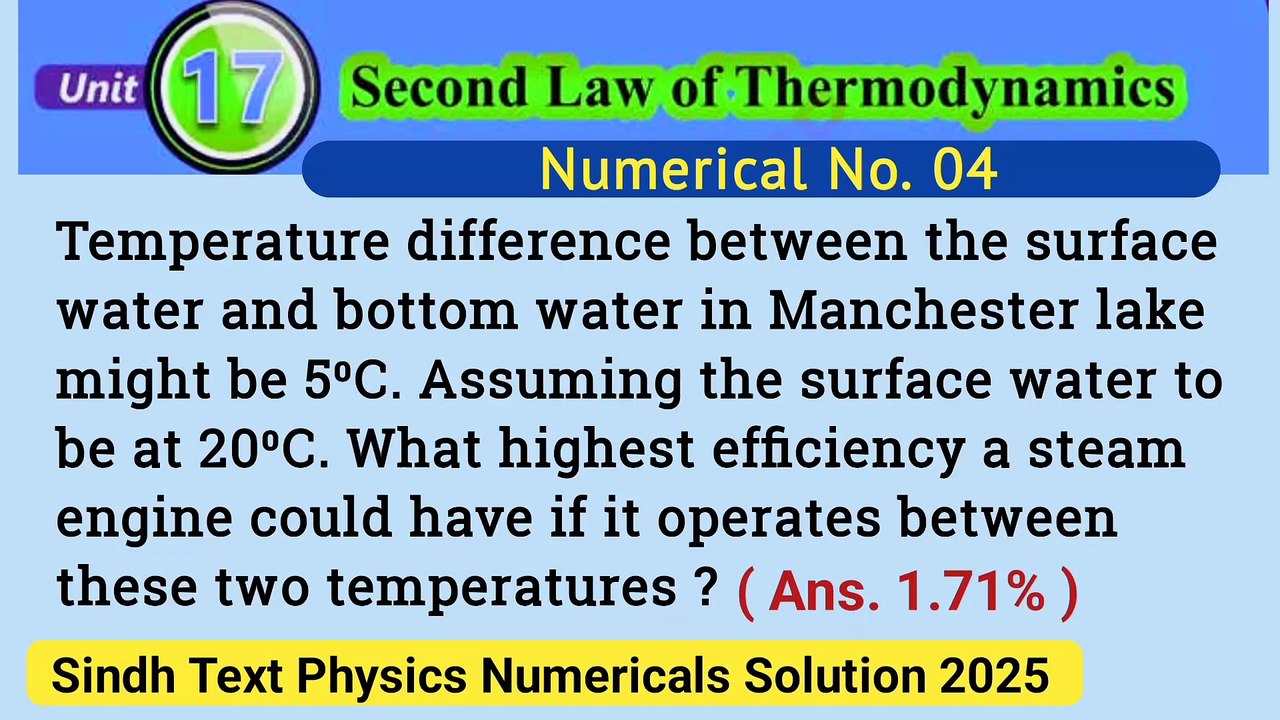 Temperature difference between the surface water and bottom water in Manchester lake might be 5 degree centigrade Assuming the surface water to be at 20 degree celsius.What highest efficiency a steam engine could have if it operates between these two tem