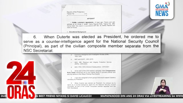 Paghahatid ng pera sa mga personalidad, iniutos umano ng mga tauhan ng OVP sa isang nagpakilalang ex-civilian intelligence agent ng mag-amang Duterte | 24 Oras