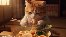 Cat eating noodles