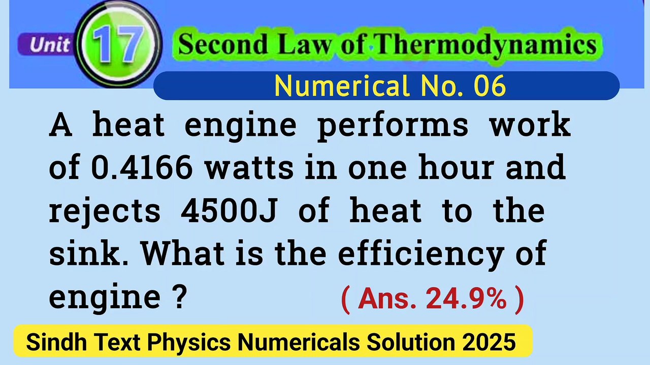 A heat engine performs work of 0.4166 watts in one hour and rejects 4500J of heat to the sink.What is the efficiency of engine ?
