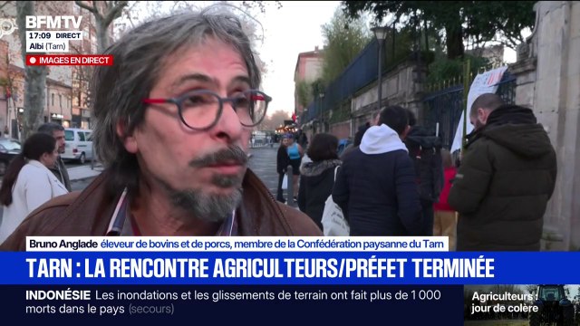 Bruno Anglade, éleveur de bovins et membre de la Confédération paysanne du Tarn, débriefe la réunion avec le préfet du département
