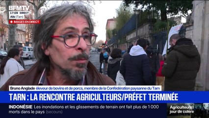 Bruno Anglade, éleveur de bovins et membre de la Confédération paysanne du Tarn, débriefe la réunion avec le préfet du département