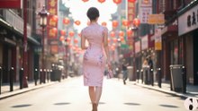 Stunning Rear View in Chinatown: Beautiful Qipao Walking