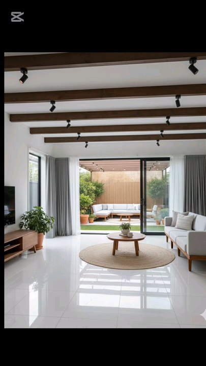 ✨ Check out this sleek modern oasis! ✨🔥‎‎🏡 *Living Room*: White glossy tiles, dark wood ceiling beams & track lights 💡, light gray sofa with wood legs, jute rug & wooden coffee table 🌱, big glass doors opening to the backyard vibes.