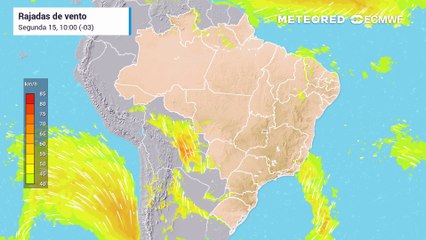Segunda-feira, 15 de dezembro: Rajadas de vento superiores a 60 km/h são previstas para o Brasil.