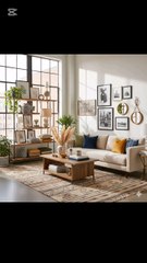 Stunning modern‑boho living room vibe 🌟✨ Big industrial windows flood the space with natural light, highlighting a cozy beige sofa dressed in mustard & navy pillows. A rustic wooden coffee table sits on a vibrant patterned rug,