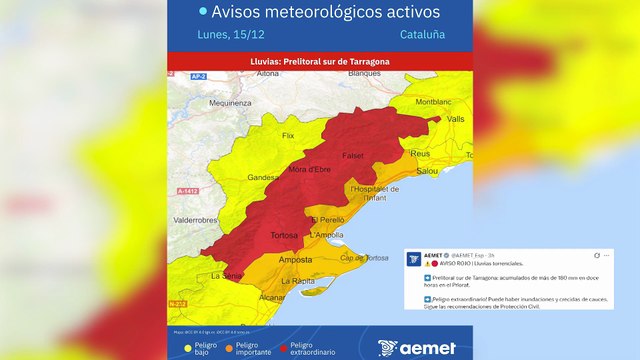 Aemet activa el aviso rojo en Tarragona por lluvias que podrían alcanzar 180 l/m2 en 12 horas