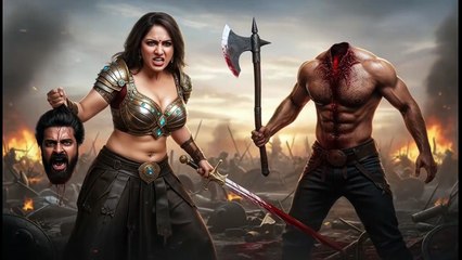 Strong Amazon head huntresses chop the heads of male warriors.