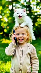 Toddler talks on phone, kitten on head—so cute!