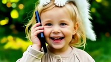 Toddler talks on phone, kitten on head—so cute!