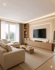 🌟 *Modern minimalist living room vibes!* 🏡✨This sleek, beige‑toned lounge feels like a calm retreat with its soft sofa, stylish wooden coffee table, and elegant entertainment unit that makes the flat‑screen pop. The recessed LED ceiling lighting 💫
