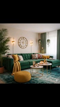 🌿✨ Transform your whole home into a luxe, green‑gold oasis! ✨🌿*Living Room (as seen in the image):* A chic, emerald‑green sectional sofa with scalloped cushions steals the show, dressed up with mustard‑yellow & floral throw pillows and a knitted.