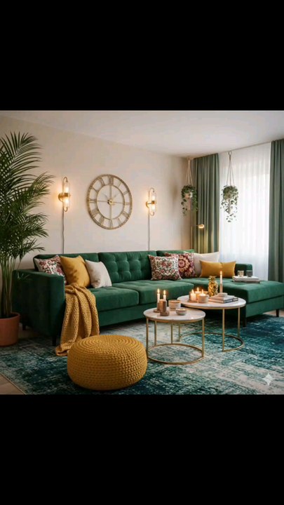 🌿✨ Transform your whole home into a luxe, green‑gold oasis! ✨🌿*Living Room (as seen in the image):* A chic, emerald‑green sectional sofa with scalloped cushions steals the show, dressed up with mustard‑yellow & floral throw pillows and a knitted.
