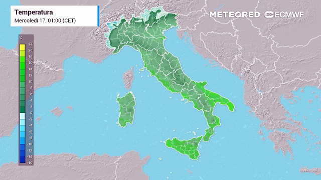 Mappa relativa alle temperature previste nei prossimi giorni