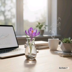 🌸✨ Brighten up your workspace with this minimalist desk setup! A sleek glass vase filled with fresh purple crocus flowers and smooth pebbles sits beside an open laptop showing a line graph, a steaming white coffee mug, and a geometric  ✨🌿🚀