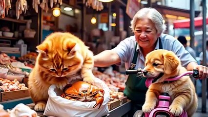 Kitten Collects Scrap, Buys a Big Crab, Rescues an Abandoned Golden Puppy - Cooks For Mama Cat