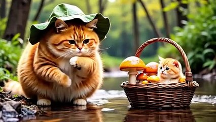 Mama Cat Picks Mushrooms, Buys Chicken, Brings It Home - Cooks & Plays with Kittens